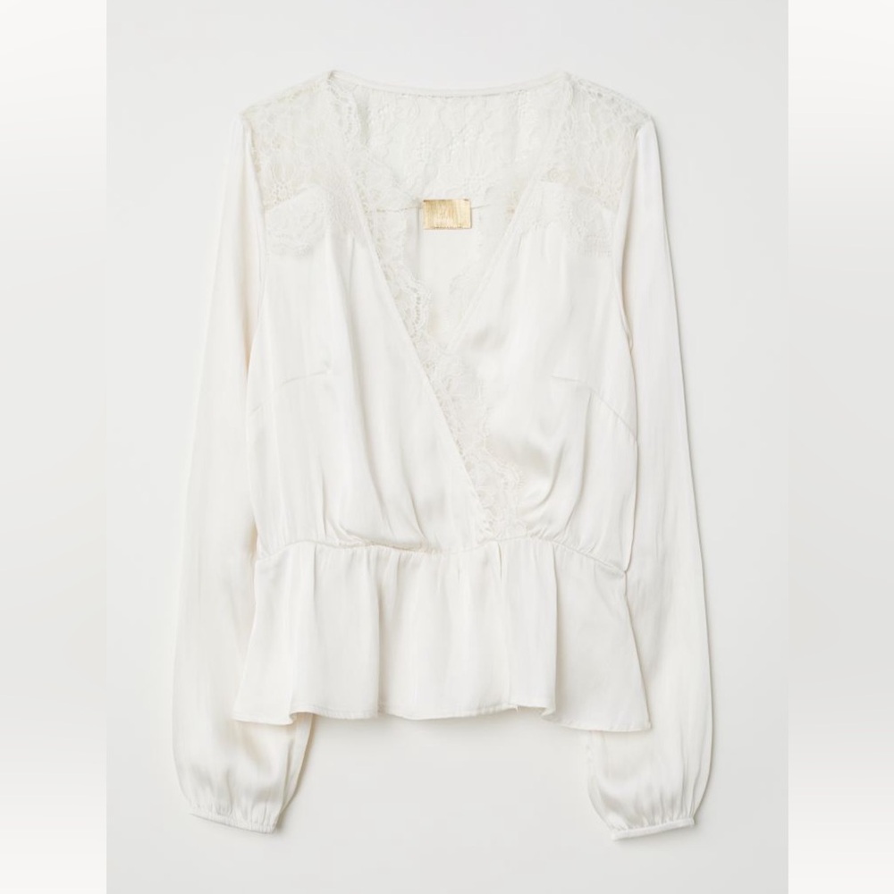 H&M White Lace V-neck Satin Blouse